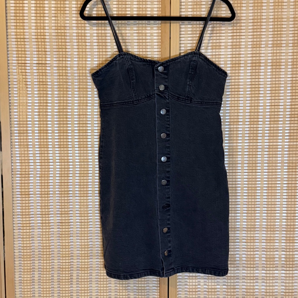 Forever 21 Womens Black Denim Button Front Mini Dress Size M Sleeveless Strappy